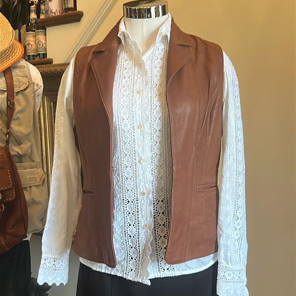 Coldwater Creek Sz S 100% Leather Brown Vest EUC